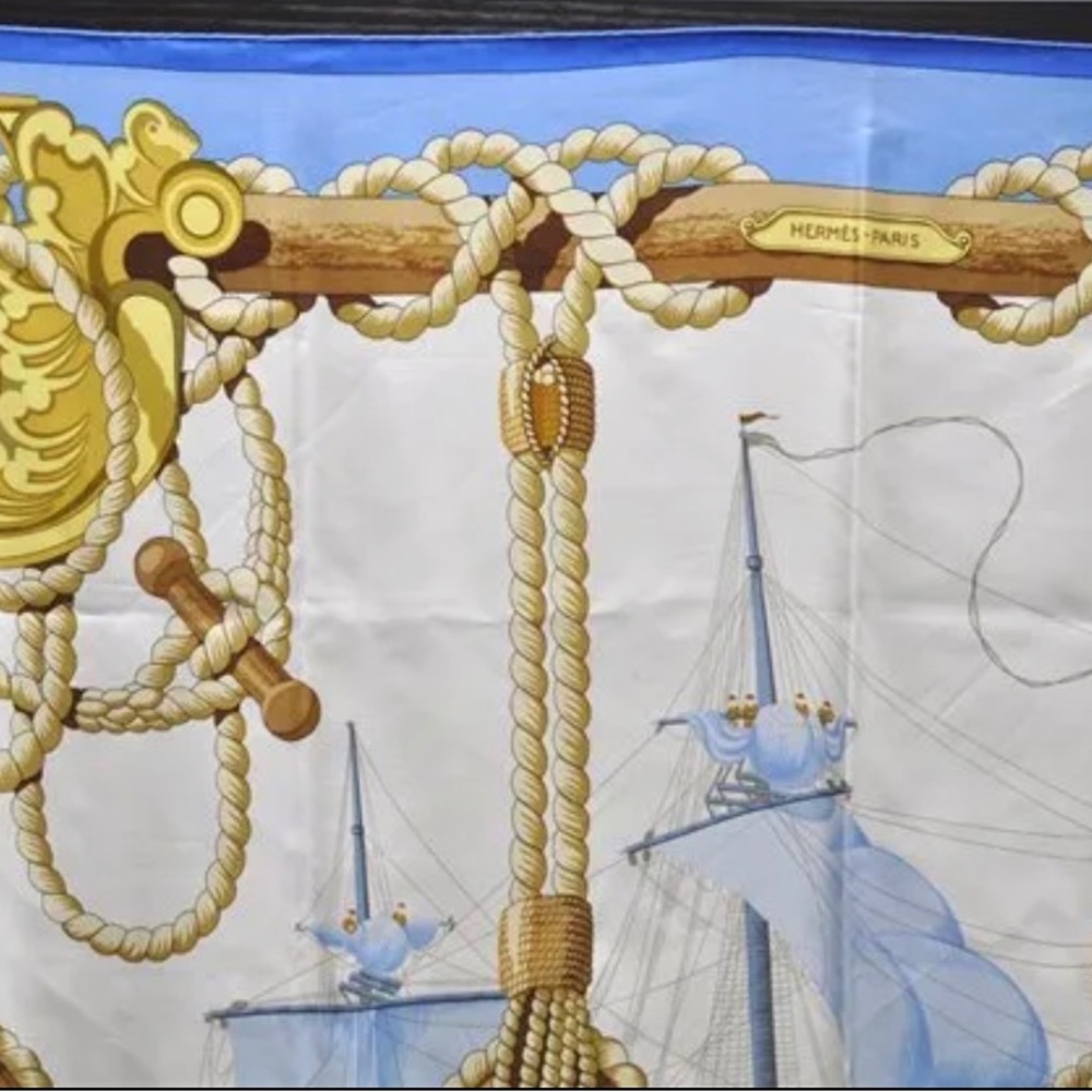 Authentic HERMES Carre 90 Scarf "Tribord" Silk Blue - Picture 11 of 16